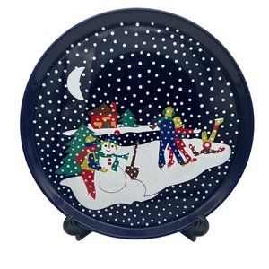 Lillian Vernon Christmas Cake Plate Ice Skaters 1990 Blue Ceramic 11" Japan